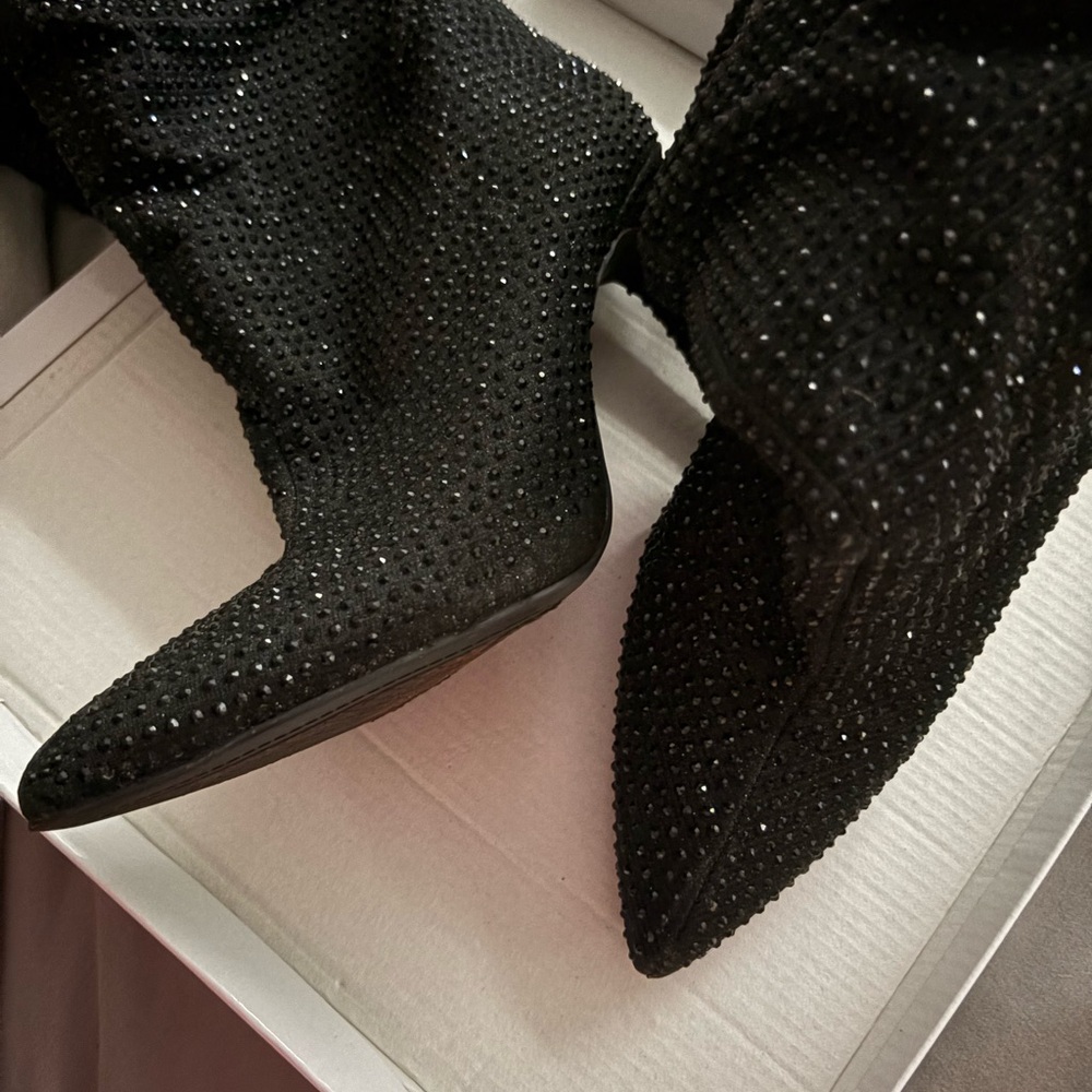 Jessica Simpson Black Heeled Boots with Rhinestone Design